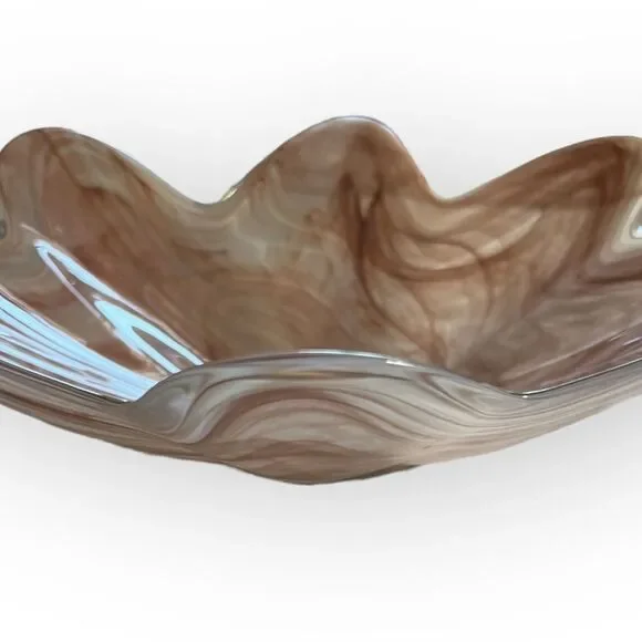 Vintage 80s San Miguel Vidrios Pink White Scalloped Edge Art Glass Bowl